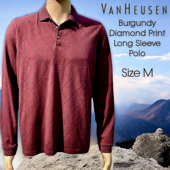 Van Heusen Burgundy Diamond Print Long Sleeve Polo - Picture 16 of 16